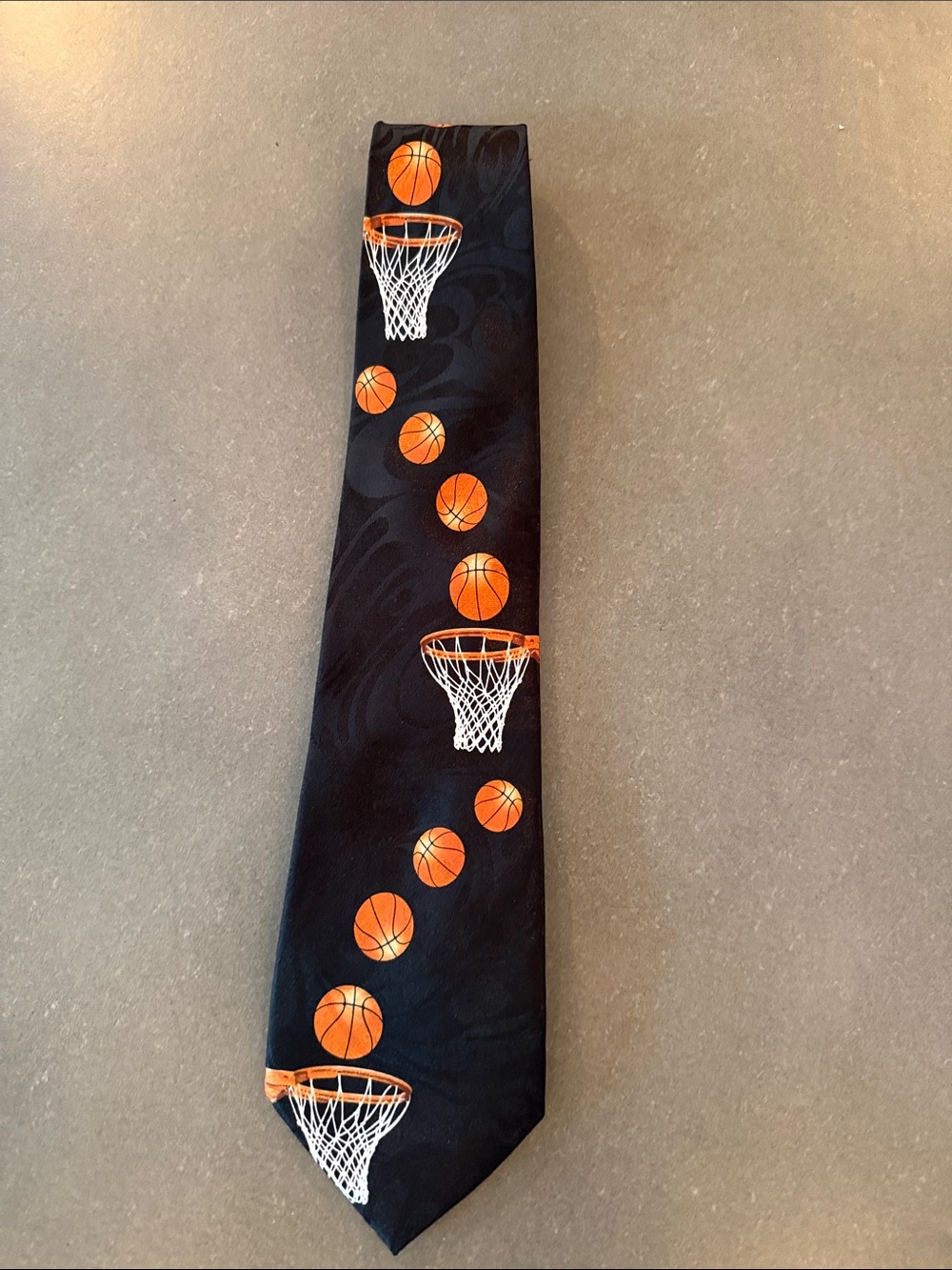 Black Basketball-Print Men's Tie with Orange Motif